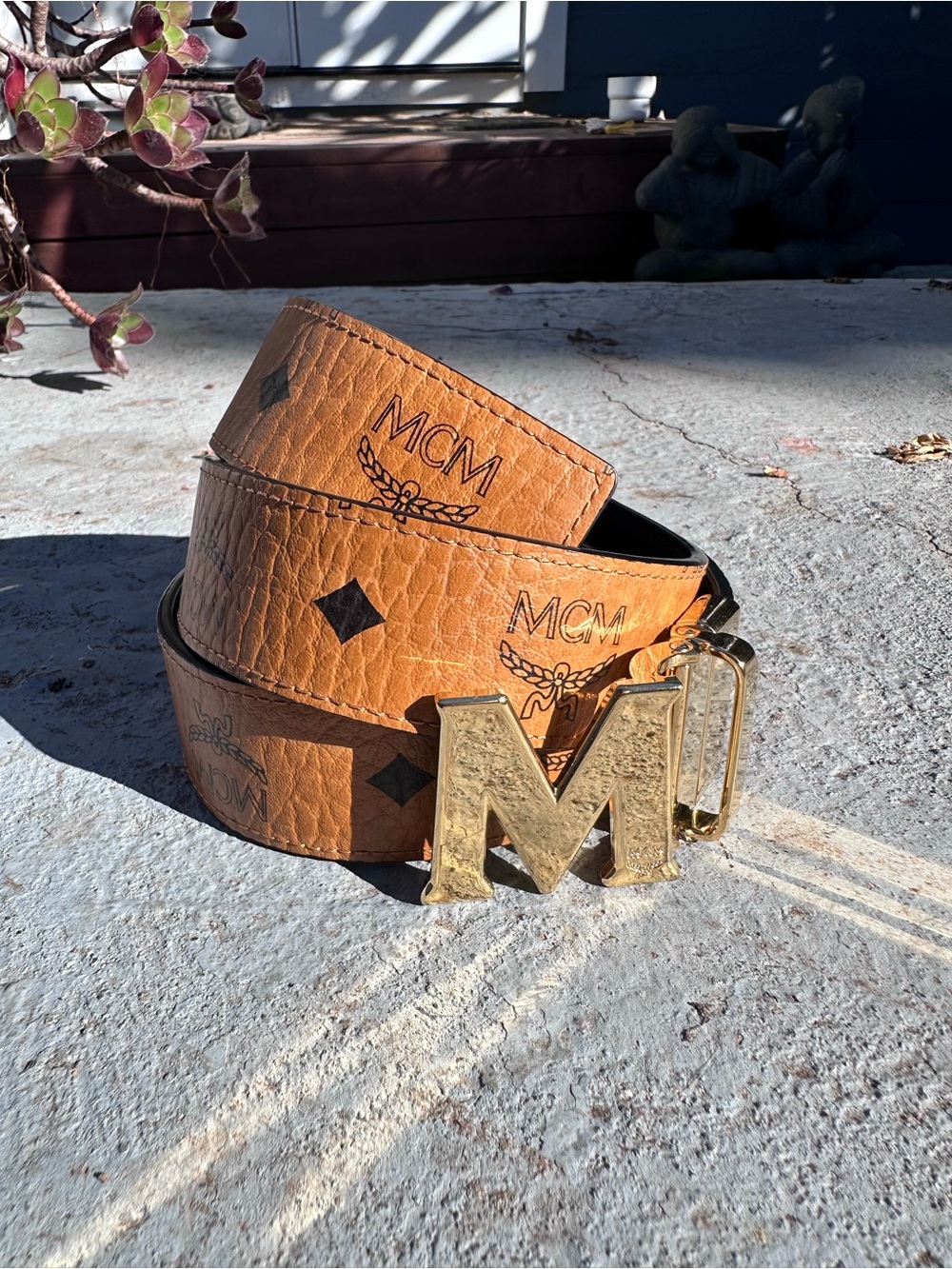 MCM Cognac Reversible Leather Belt with Gold M Buckle